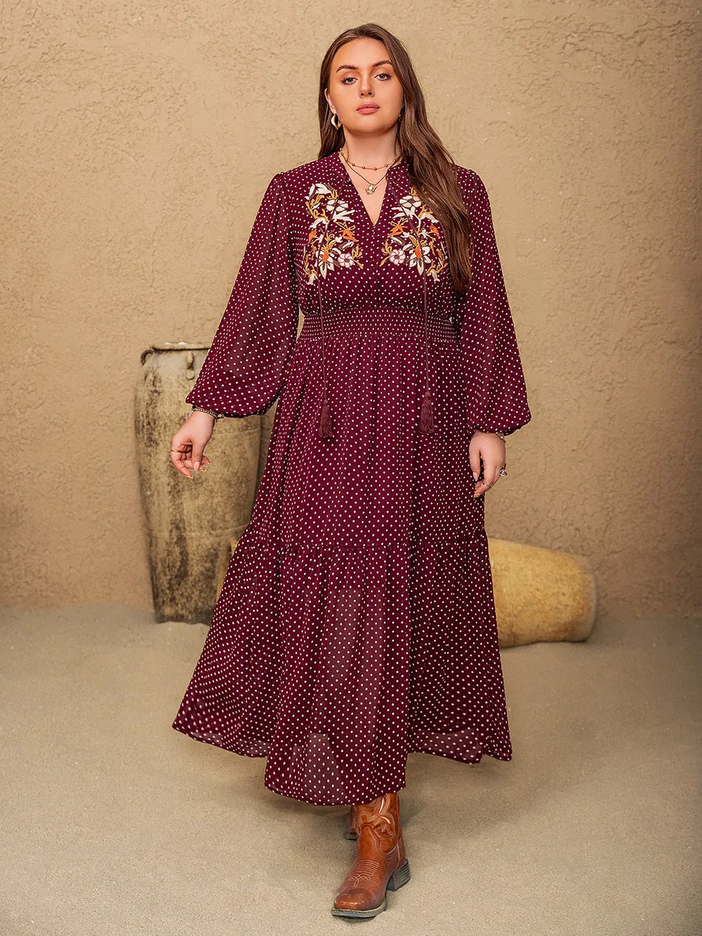 Plus Size Embroidered Polka Dot Tie Neck Long Sleeve Midi Dress - Glamourous Grace