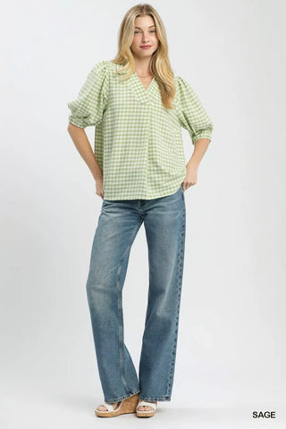 Umgee Gingham Puff Sleeve Collared Blouse in Sage - Glamourous Grace