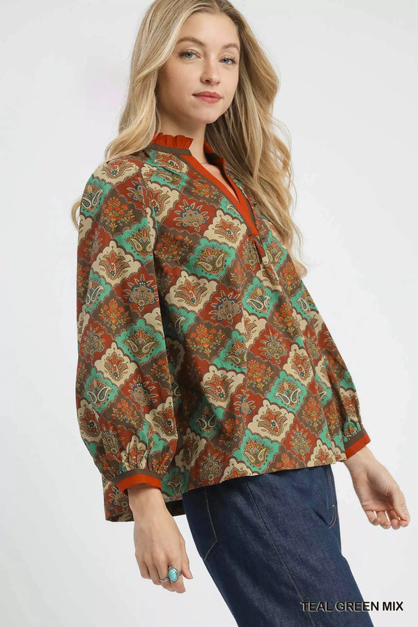 Umgee Abstract Print Ruffle Neck Top - Glamourous Grace