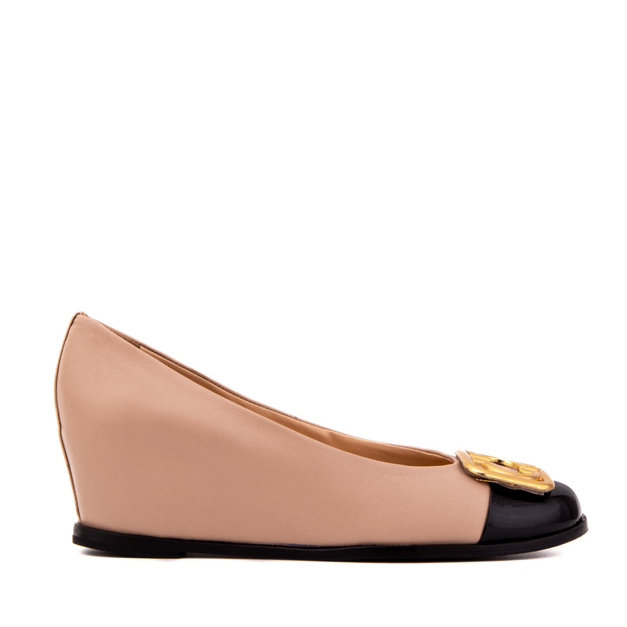 The Selene Beige & Black Leather Wedge Heel Women Shoe - Glamourous Grace