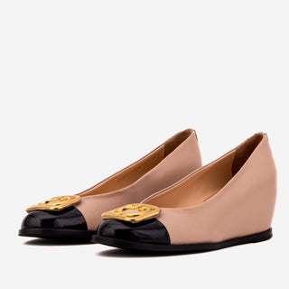 The Selene Beige & Black Leather Wedge Heel Women Shoe - Glamourous Grace