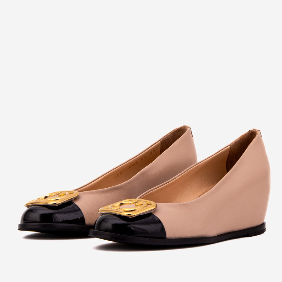 The Selene Beige & Black Leather Wedge Heel Women Shoe - Glamourous Grace
