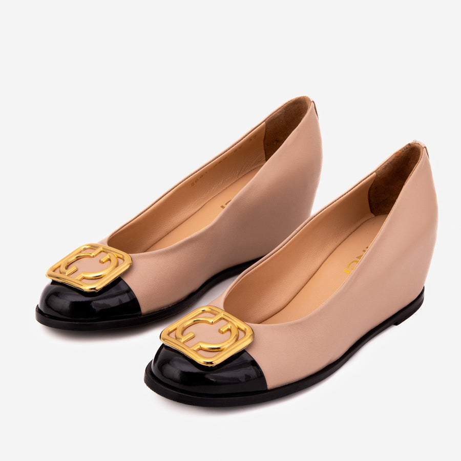 The Selene Beige & Black Leather Wedge Heel Women Shoe - Glamourous Grace