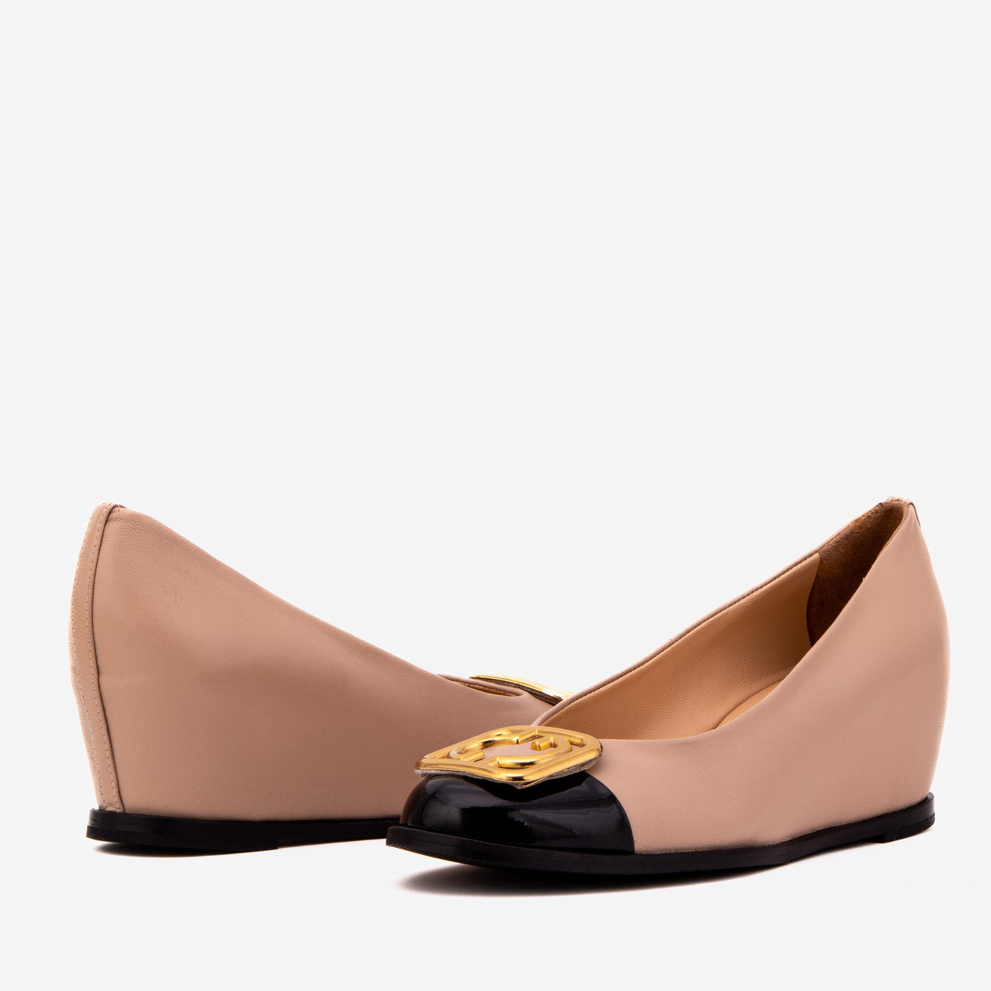 The Selene Beige & Black Leather Wedge Heel Women Shoe - Glamourous Grace
