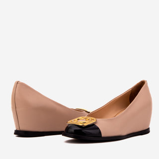 The Selene Beige & Black Leather Wedge Heel Women Shoe - Glamourous Grace