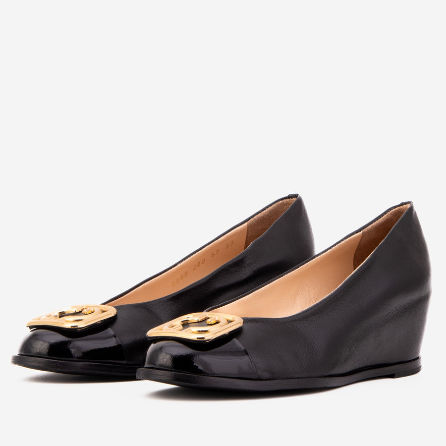 The Selene Black Leather Wedge Heel Women Shoe - Glamourous Grace