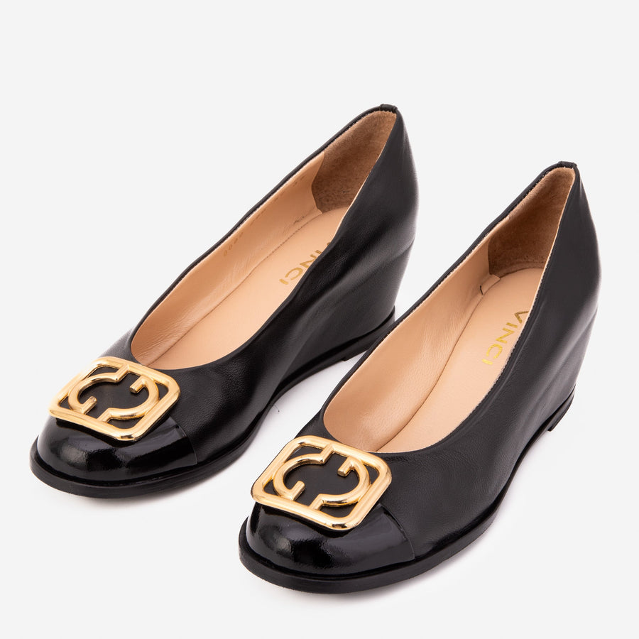 The Selene Black Leather Wedge Heel Women Shoe - Glamourous Grace