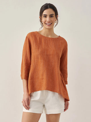 100% Linen Round Neck Artistic Stripe Top FLORENCE - Glamourous Grace