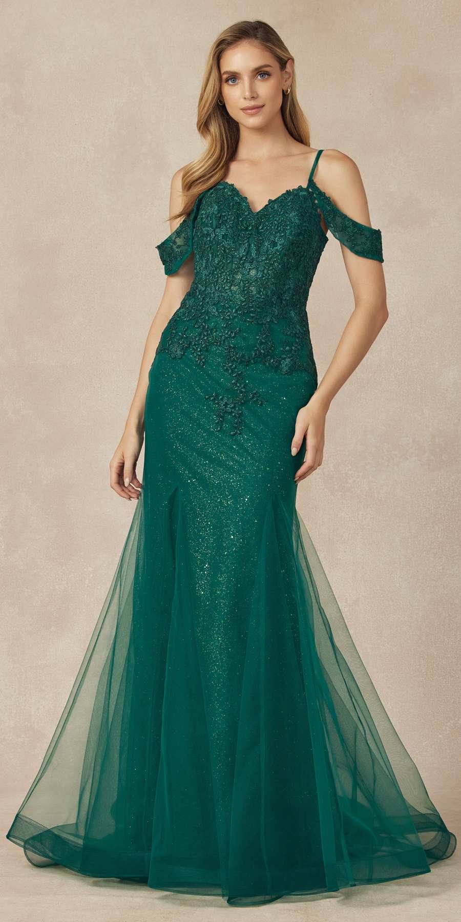 Juliet 281 Long Fully Mesh Gown Off the Shoulder Sleeves Mermaid Skirt - Glamourous Grace