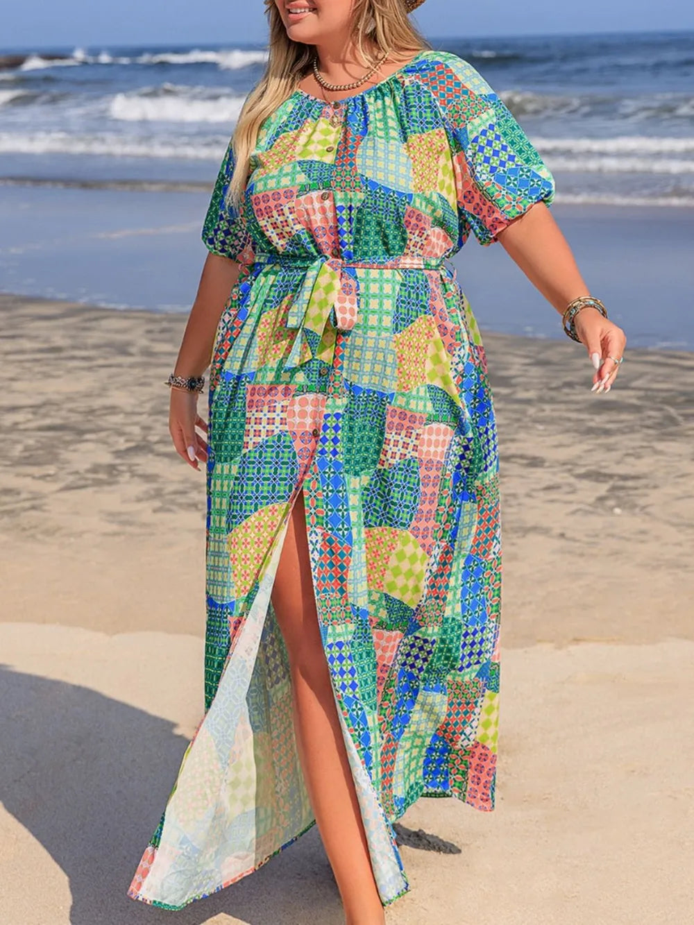 Plus Size Tied Printed Round Neck Maxi Shirt Dress - Glamourous Grace