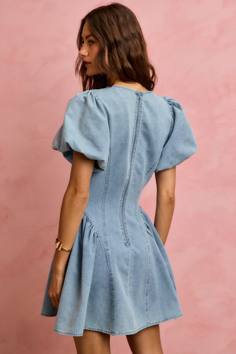 SO ME Bubble Sleeves Denim Fit And Flare Mini Dress - Glamourous Grace