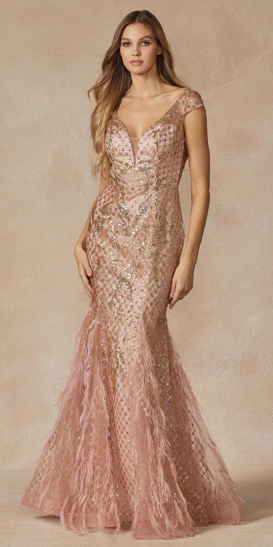 Juliet 286 Floor Length Feather Skirt Embellished Fitted Prom Dress - Glamourous Grace