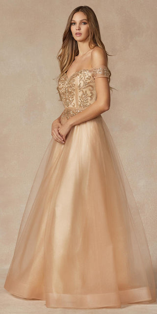 Juliet 287 Long Off the Shoulder Beaded Top A-Line Prom Dress