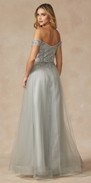Juliet 287 Long Off the Shoulder Beaded Top A-Line Prom Dress