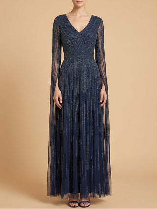 V-Neck Beaded Dress with Long Cape Sleeves |  28835