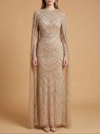 High Neck Beaded Dress with Long Cape |  28840