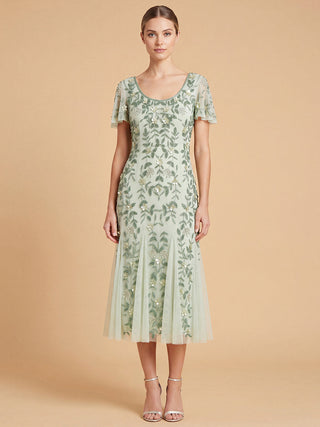 3D Floral Embellished Midi Dress with Cape Sleeves | 28853