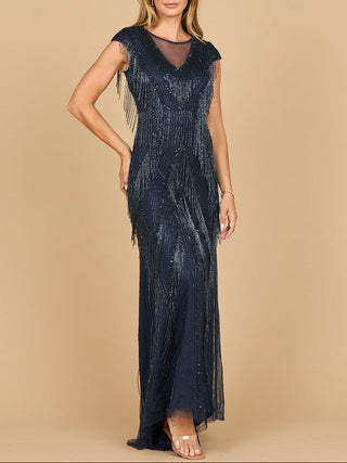 Beaded Fringe V-Neckline Dress with Cap Sleeves | Lara 28858 - Glamourous Grace