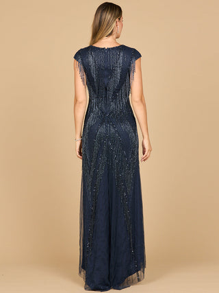 Beaded Fringe V-Neckline Dress with Cap Sleeves | Lara 28858 - Glamourous Grace