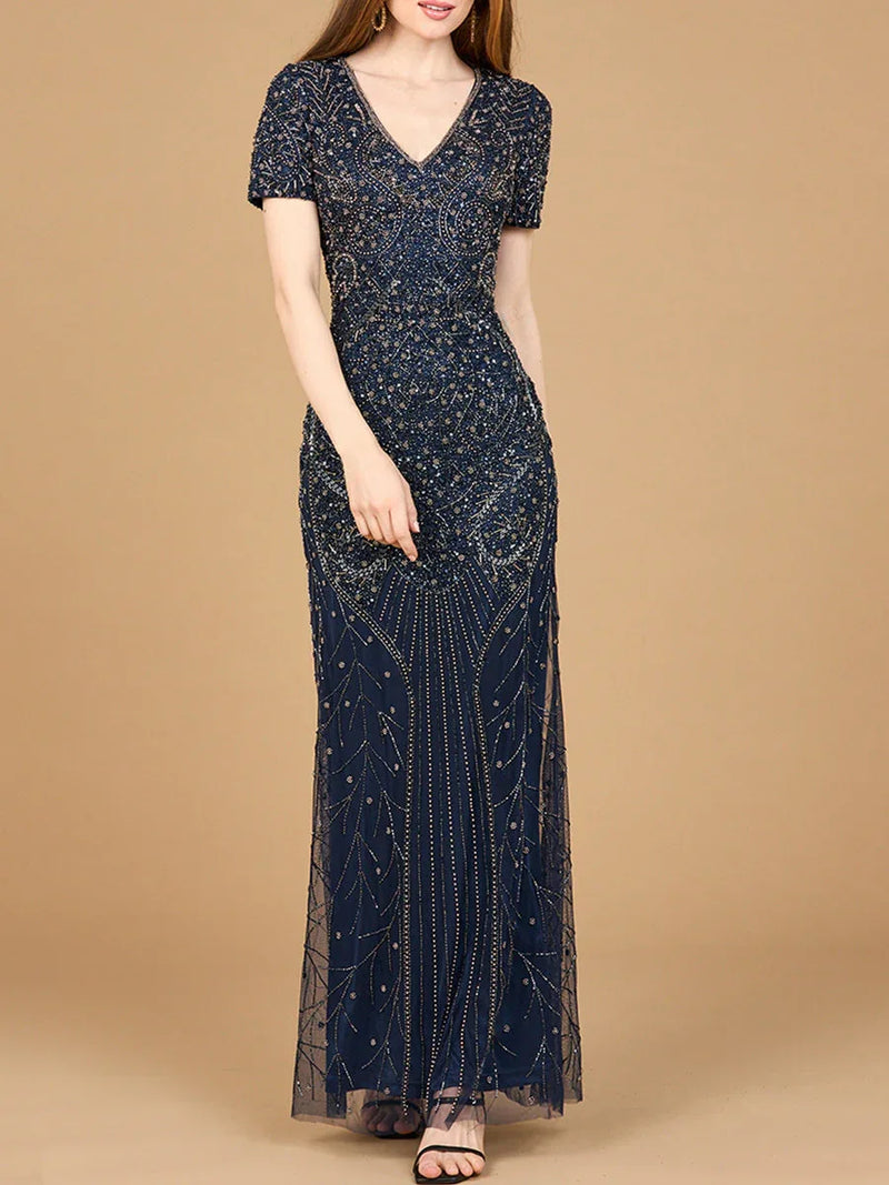 Short Sleeve Sheath Beaded Gown - Glamourous Grace