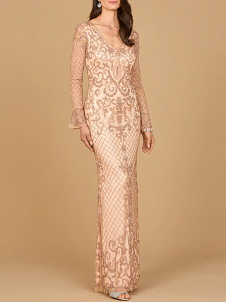 Beaded Long Sleeve V-neck Gown - Glamourous Grace