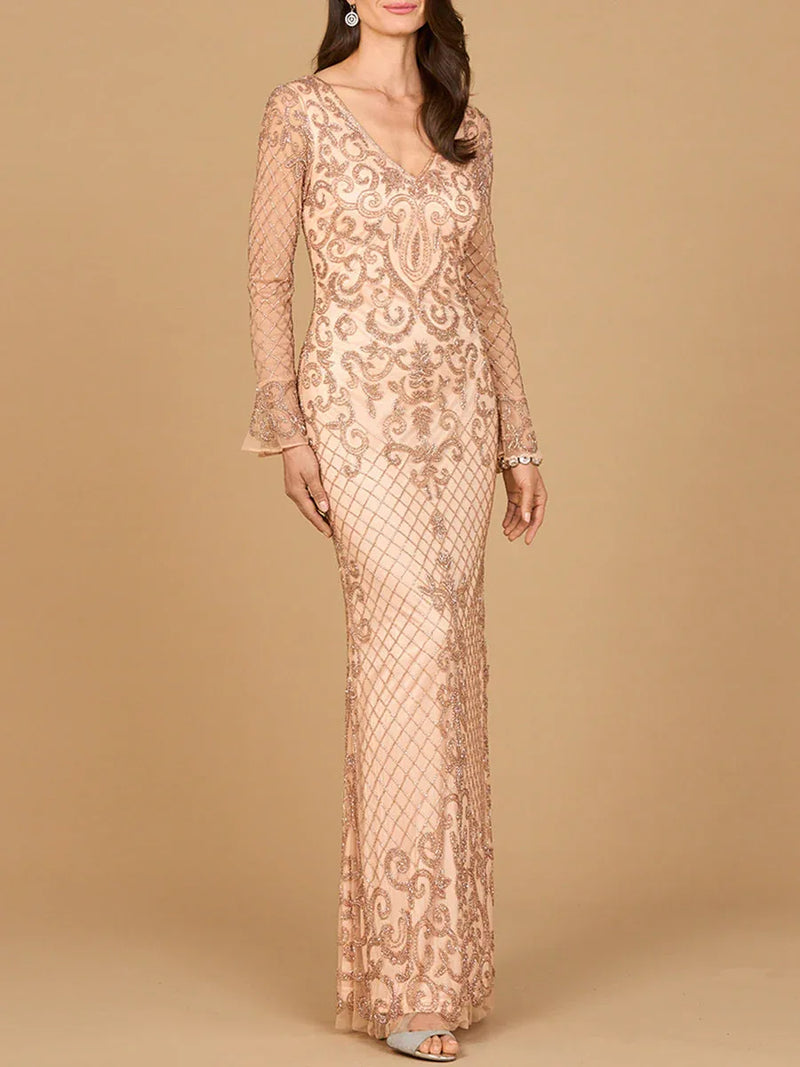 Beaded Long Sleeve V-neck Gown - Glamourous Grace