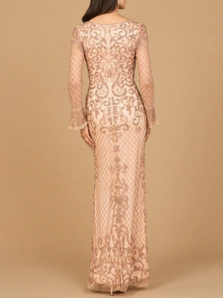 Beaded Long Sleeve V-neck Gown - Glamourous Grace