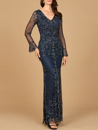 Beaded Long Sleeve V-neck Gown - Glamourous Grace