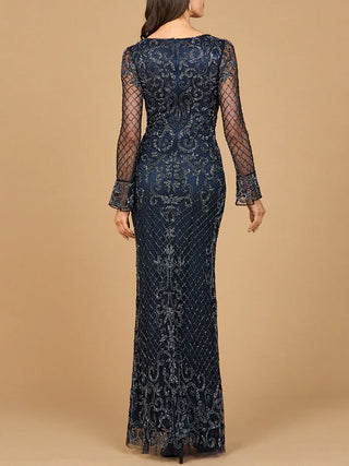 Beaded Long Sleeve V-neck Gown - Glamourous Grace