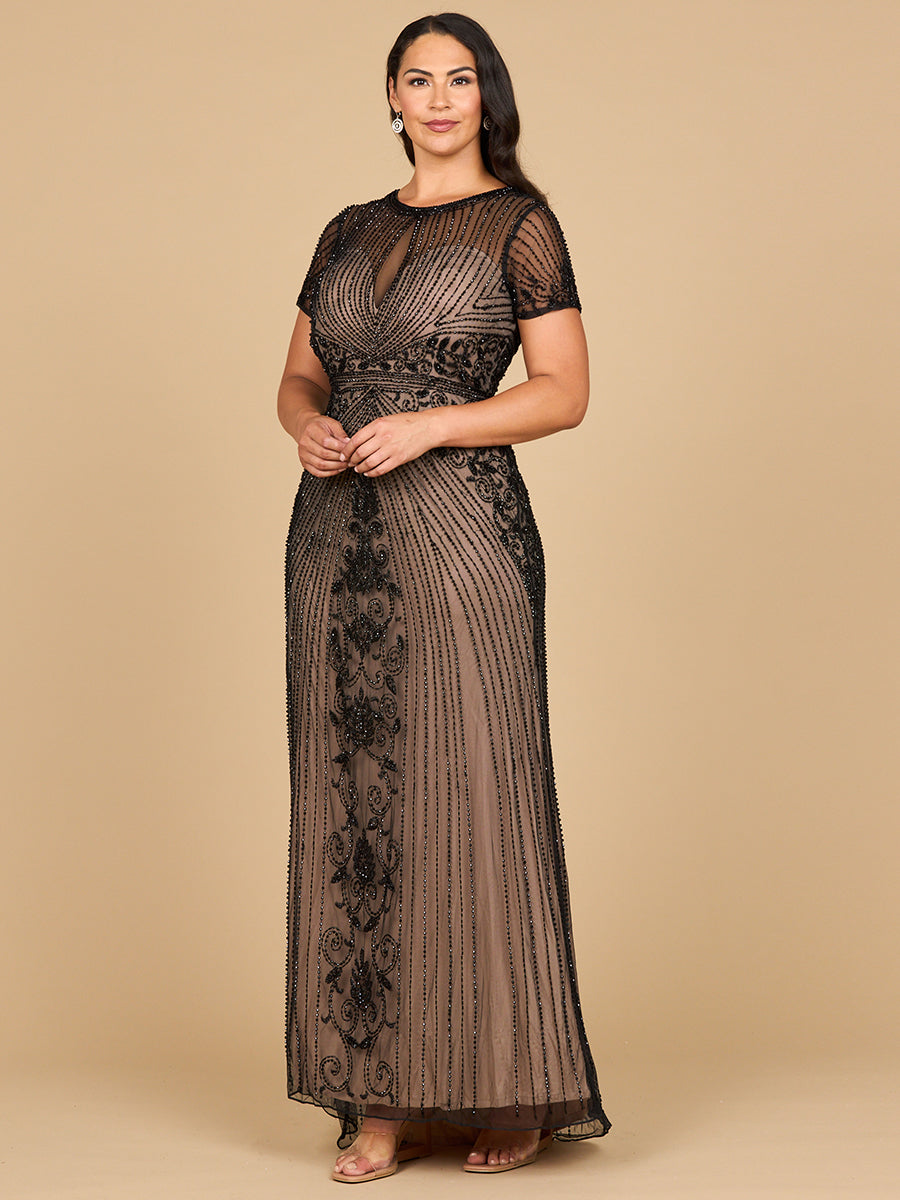 Beaded Cap Sleeve Illusion Plunge Gown | Lara 28869 - Glamourous Grace