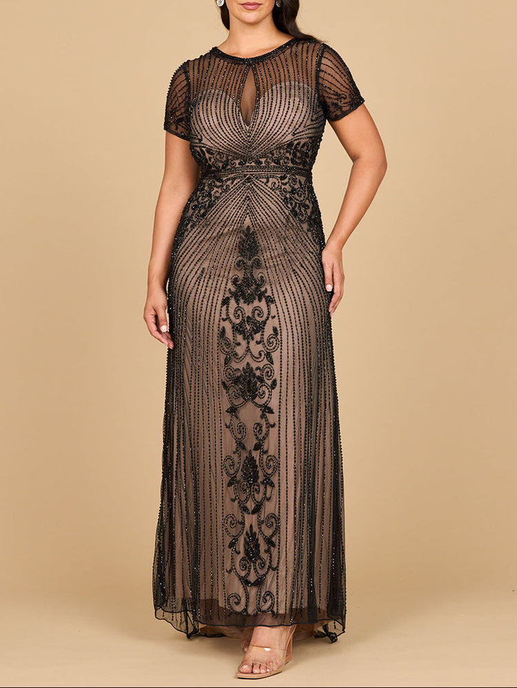 Beaded Cap Sleeve Illusion Plunge Gown | Lara 28869 - Glamourous Grace