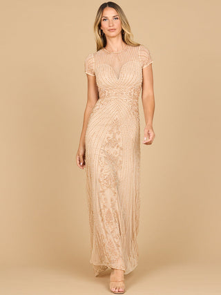 Beaded Cap Sleeve Illusion Plunge Gown | Lara 28869 - Glamourous Grace