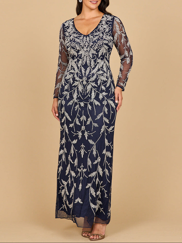 Lara 28870-  Long Sleeve Contrast Beaded Gown - Glamourous Grace