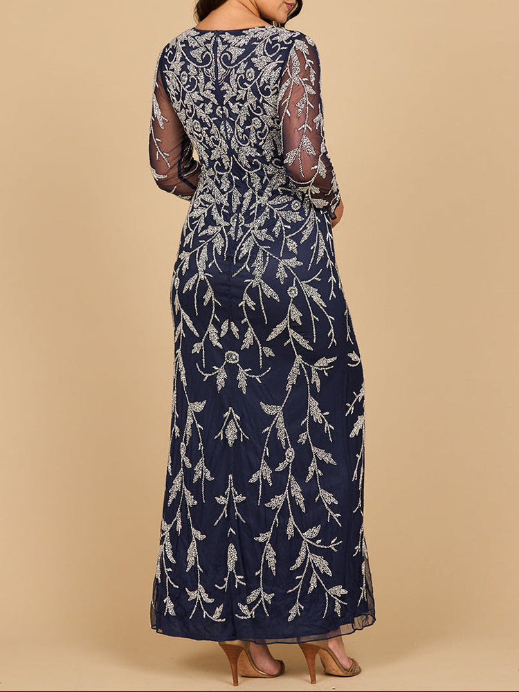 Lara 28870-  Long Sleeve Contrast Beaded Gown - Glamourous Grace