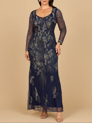 Long Sleeve Queen Anne Beaded Gown - Glamourous Grace