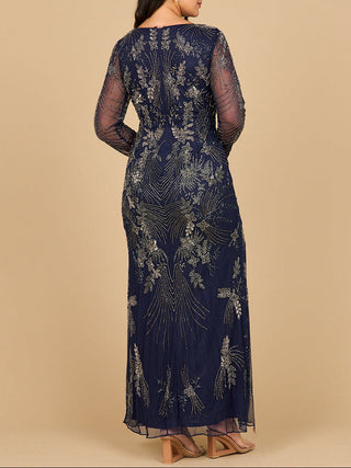 Long Sleeve Queen Anne Beaded Gown - Glamourous Grace