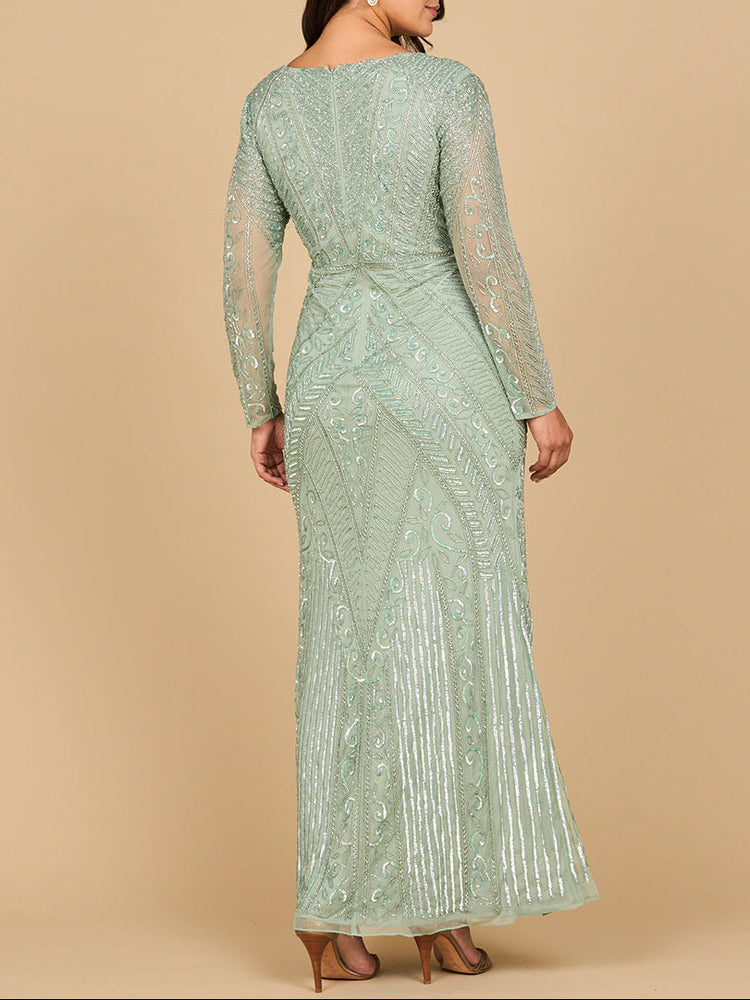 Lara 28875-  Long Sleeve Geometric Beaded Gown - Glamourous Grace