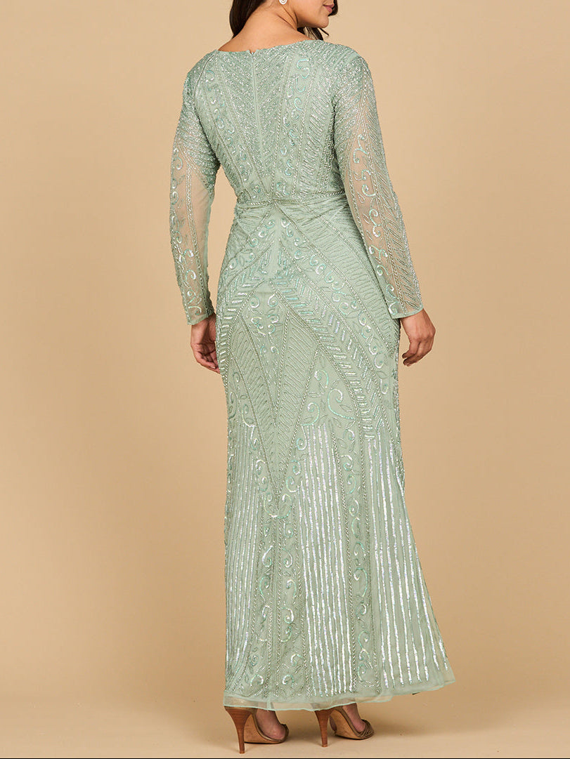 Lara 28875-  Long Sleeve Geometric Beaded Gown - Glamourous Grace
