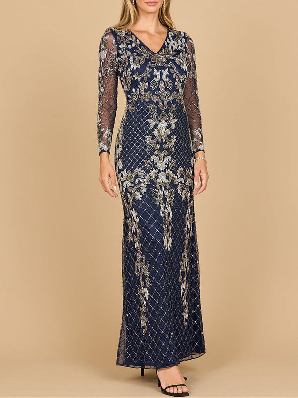 Lara 28877-  Long Sleeve Contrast Beaded Gown - Glamourous Grace