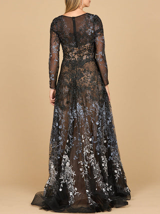 Lara 28878- Long Sleeve V-Neck Ombre Lace Gown - Glamourous Grace