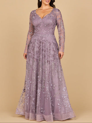 Lara 28878- Long Sleeve V-Neck Ombre Lace Gown - Glamourous Grace