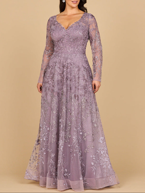 Lara 28878- Long Sleeve V-Neck Ombre Lace Gown - Glamourous Grace
