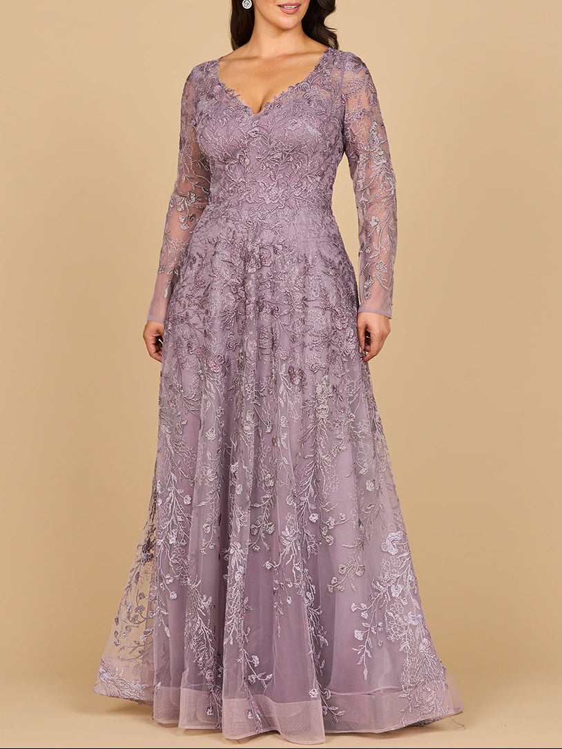 Long Sleeve V-Neck Ombre Lace Gown | 28878 - Glamourous Grace