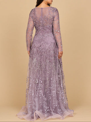 Lara 28878- Long Sleeve V-Neck Ombre Lace Gown - Glamourous Grace