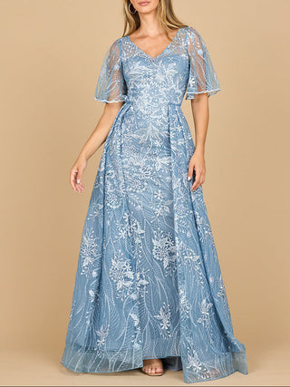 Lara 28880- Overskirt Lace Fitted V-Neck Gown with Cape Sleeves - Glamourous Grace