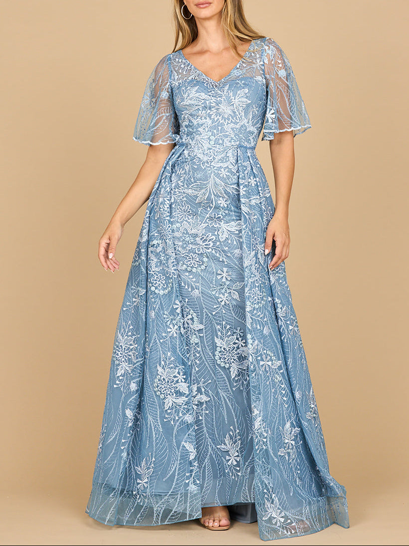 Overskirt Lace Fitted V-Neck Gown with Cape Sleeves | 28880 - Glamourous Grace