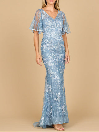Lara 28880- Overskirt Lace Fitted V-Neck Gown with Cape Sleeves - Glamourous Grace