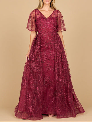 Lara 28880- Overskirt Lace Fitted V-Neck Gown with Cape Sleeves - Glamourous Grace