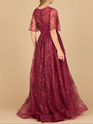 Lara 28880- Overskirt Lace Fitted V-Neck Gown with Cape Sleeves - Glamourous Grace