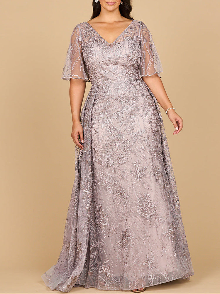 Overskirt Lace Fitted V-Neck Gown with Cape Sleeves | 28880 - Glamourous Grace